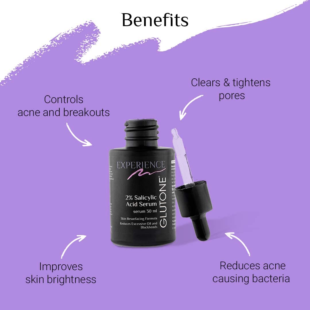 Glutone 2% Salicylic Acid Serum for oily & acne-prone skin | Reduces Excessive oil and blackheads | Gently exfoliates & Unclogs Pores | Smoothens the Skin | 30 ml
