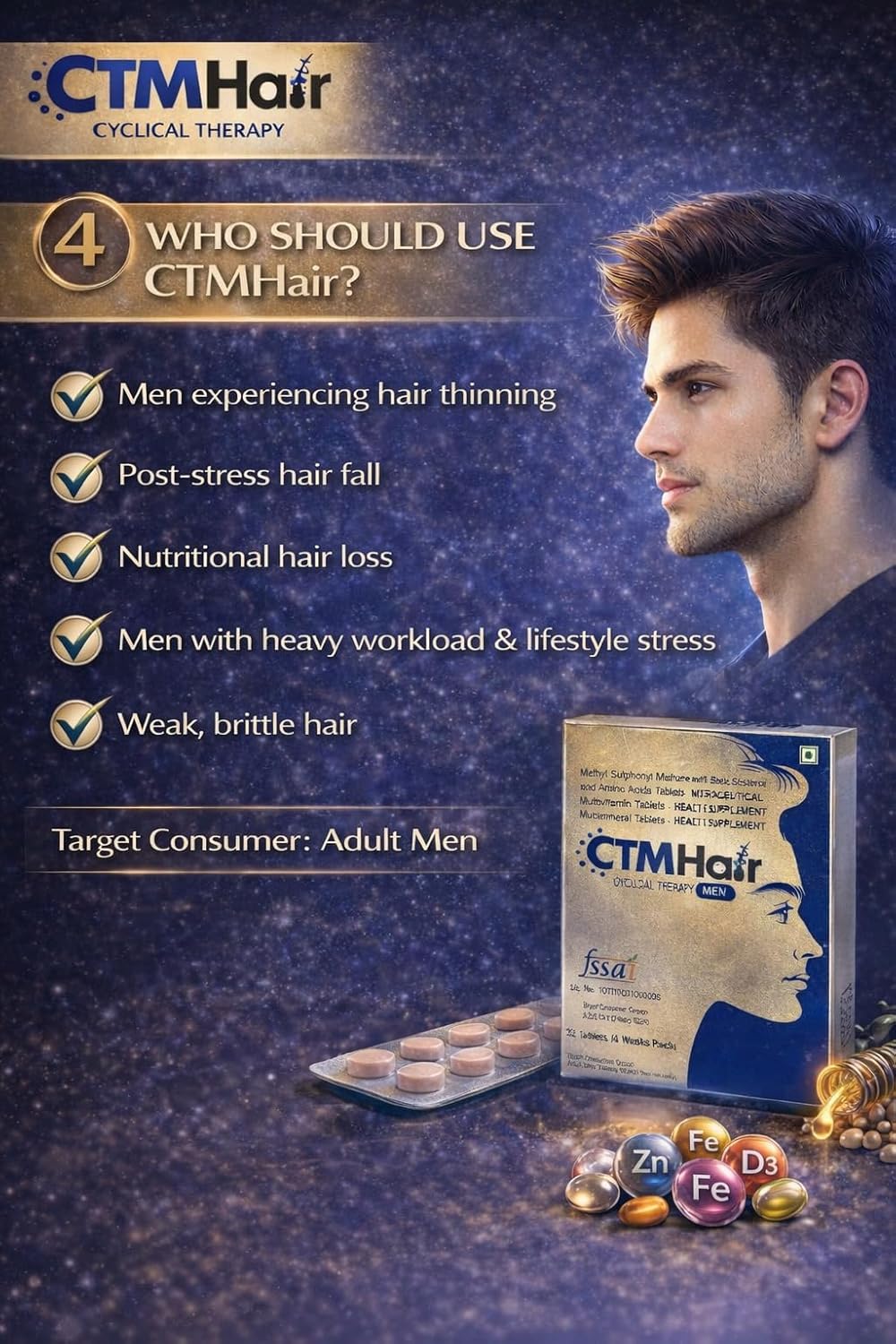 CTM Hair Cyclical Therapy for Men – Hair Growth Nutraceutical Tablets with MSM, Beta Sitosterol & Amino Acids | Multivitamin & Multimineral Supplement | 32 Tablets (4 Weeks Pack) (Men)