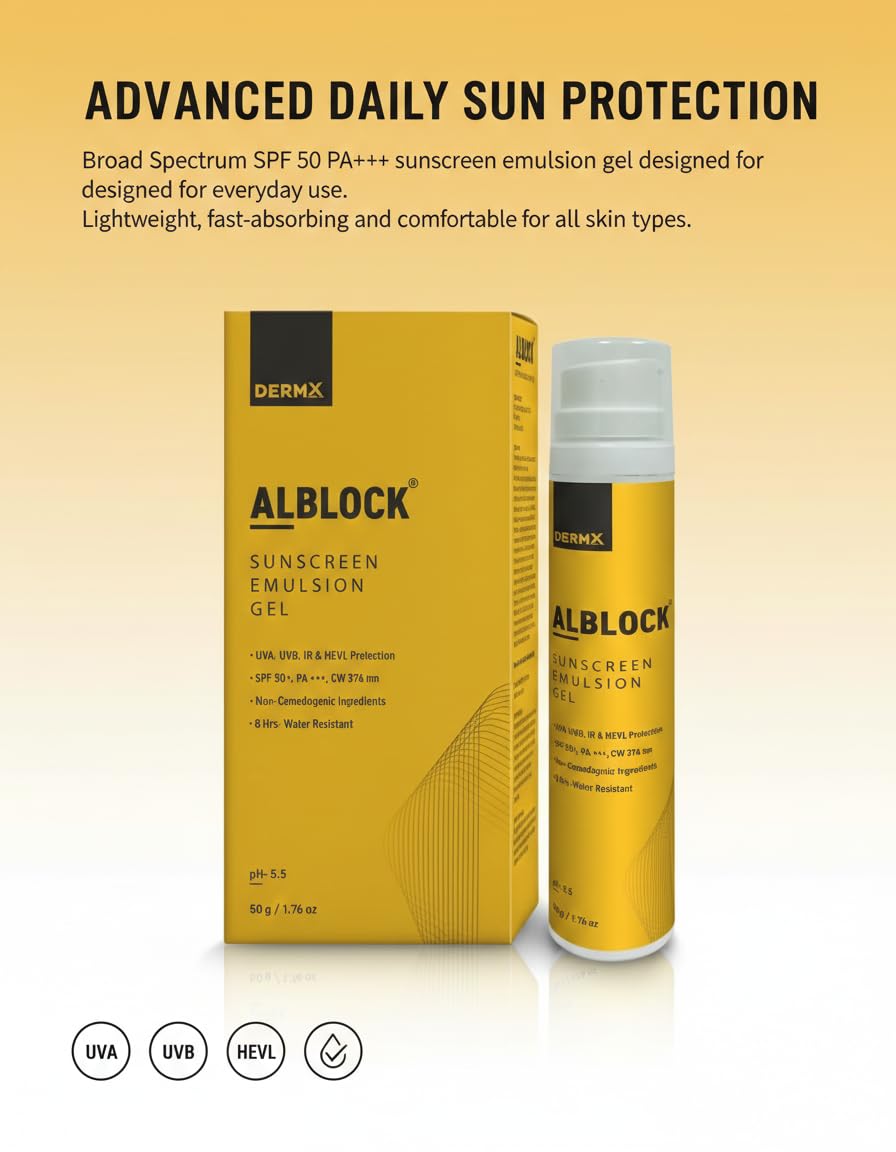 Alblock Sunscreen Emulsion Gel SPF 50 PA+++ | Broad Spectrum UVA, UVB & HEVL Protection | Lightweight, Non-Comedogenic | 8 Hours Water Resistant | pH 5.5 | 50g