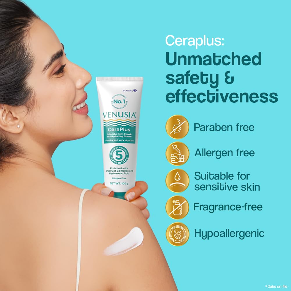 Venusia CeraPlus Moisturizing Cream For Dry Skin - Formulated With 5 Essential Ceramides, Oat Complex & Hyaluronic Acid : Hypoallergenic and Fragrance-Free 100g ( Pack of 2 )