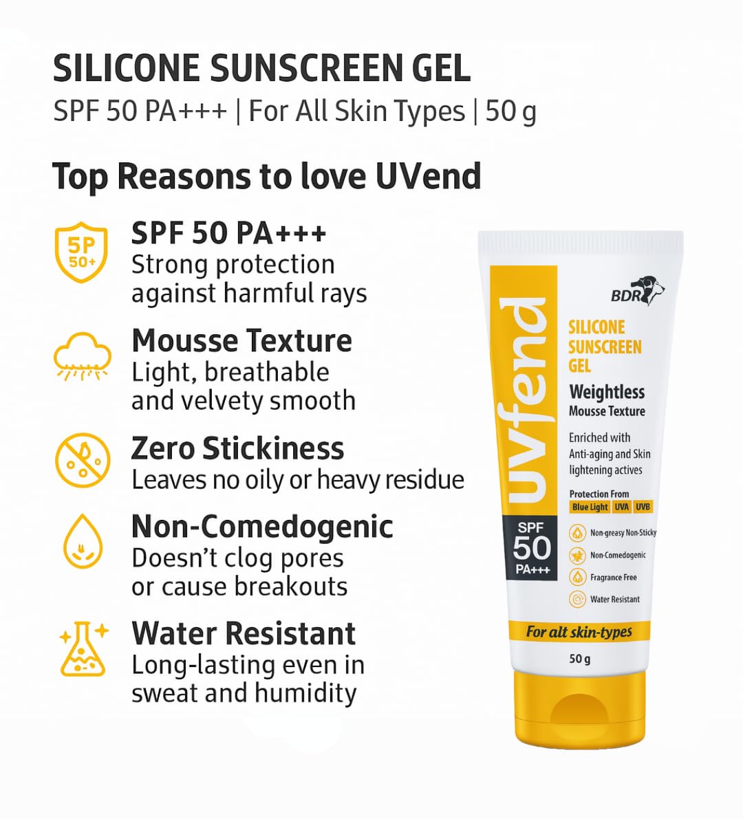 Uvfend Silicone Sunscreen Gel SPF 50 PA+++ | Weightless Mousse Texture | Anti-Aging & Skin Lightening | Blue Light, UVA & UVB Protection | 50g