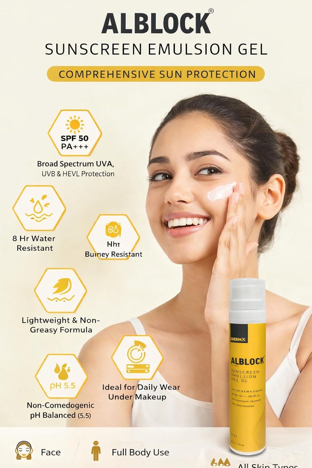 Alblock Sunscreen Emulsion Gel SPF 50 PA+++ | Broad Spectrum UVA, UVB & HEVL Protection | Lightweight, Non-Comedogenic | 8 Hours Water Resistant | pH 5.5 | 50g