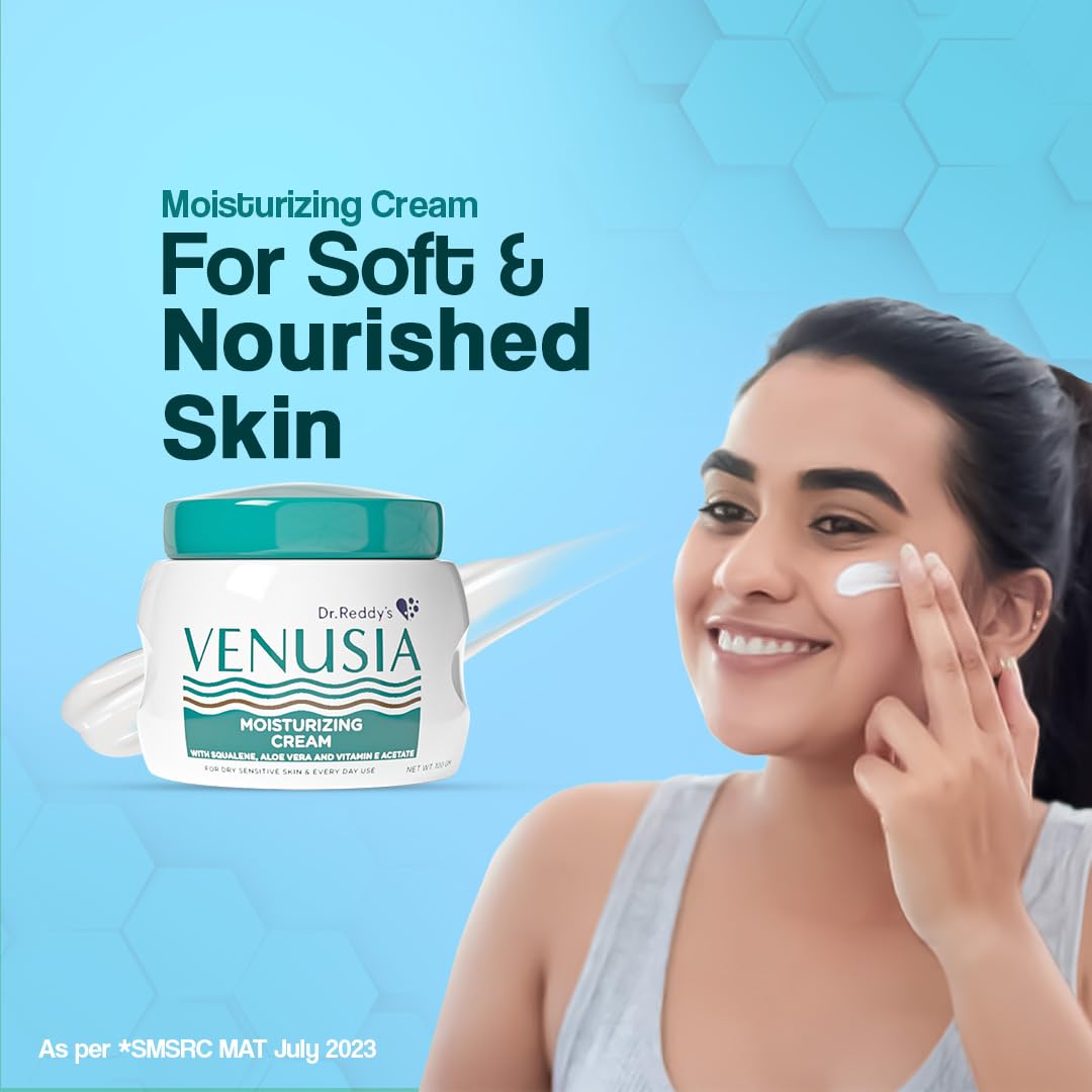 Venusia Moisturizing Cream by Dr. Reddy's I Body & face cream for dry to very dry skin IWith Aloe Vera, Vitamin E and Squalene I Upto 24 hrs hydration I Non comedogenic, Non greasy I 100g ( Pack of 2 )