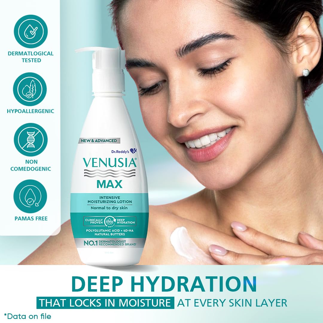 Venusia Max Intensive Moisturizing Lotion for Normal to Dry skin | Advanced formula with 4D Hyaluronic Acid , Cocoa Butter, Shea Butter, Aloe Butter, Mango Butter I Multi Layer & Deepest Hydration I Dermatologist Recommended
