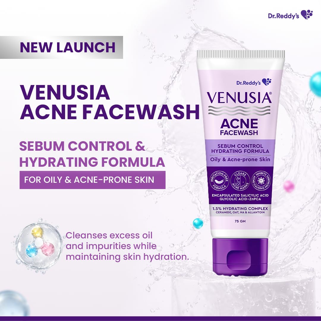 Venusia Acne Facewash | Sebum Control & Hydrating Formula | Clears Acne-marks | Enriched with encapsulated Salicylic Acid, Glycolic Acid, Ceramide - Oat - HA Complex | Oily & Acne-Prone Skin | 75g ( Pack of 2 )