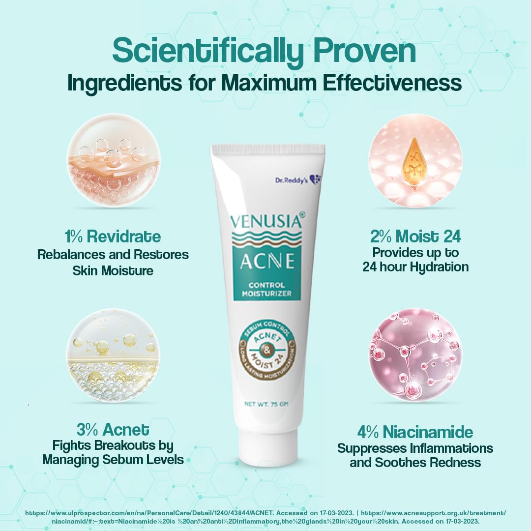 Venusia Acne Control Moisturizer | Pore Minimising & Hydrating | For Oily Skin | Lightens Scars, Reduces Visibility of Pores | Non-comedogenic | 75gm ( Pack of 2 )