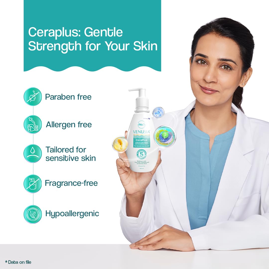 Venusia CeraPlus Moisturizing Lotion For Dry Skin - Formulated With 5 Essential Ceramides, Oat Complex, Hyaluronic Acid : Hypoallergenic and Fragrance-Free