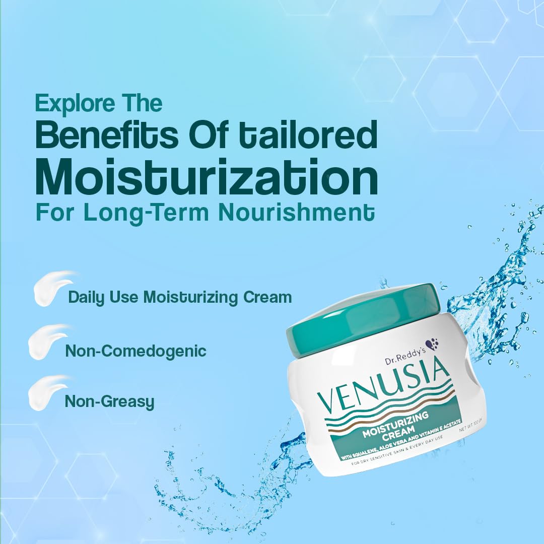Venusia Moisturizing Cream by Dr. Reddy's I Body & face cream for dry to very dry skin IWith Aloe Vera, Vitamin E and Squalene I Upto 24 hrs hydration I Non comedogenic, Non greasy I 100g ( Pack of 2 )