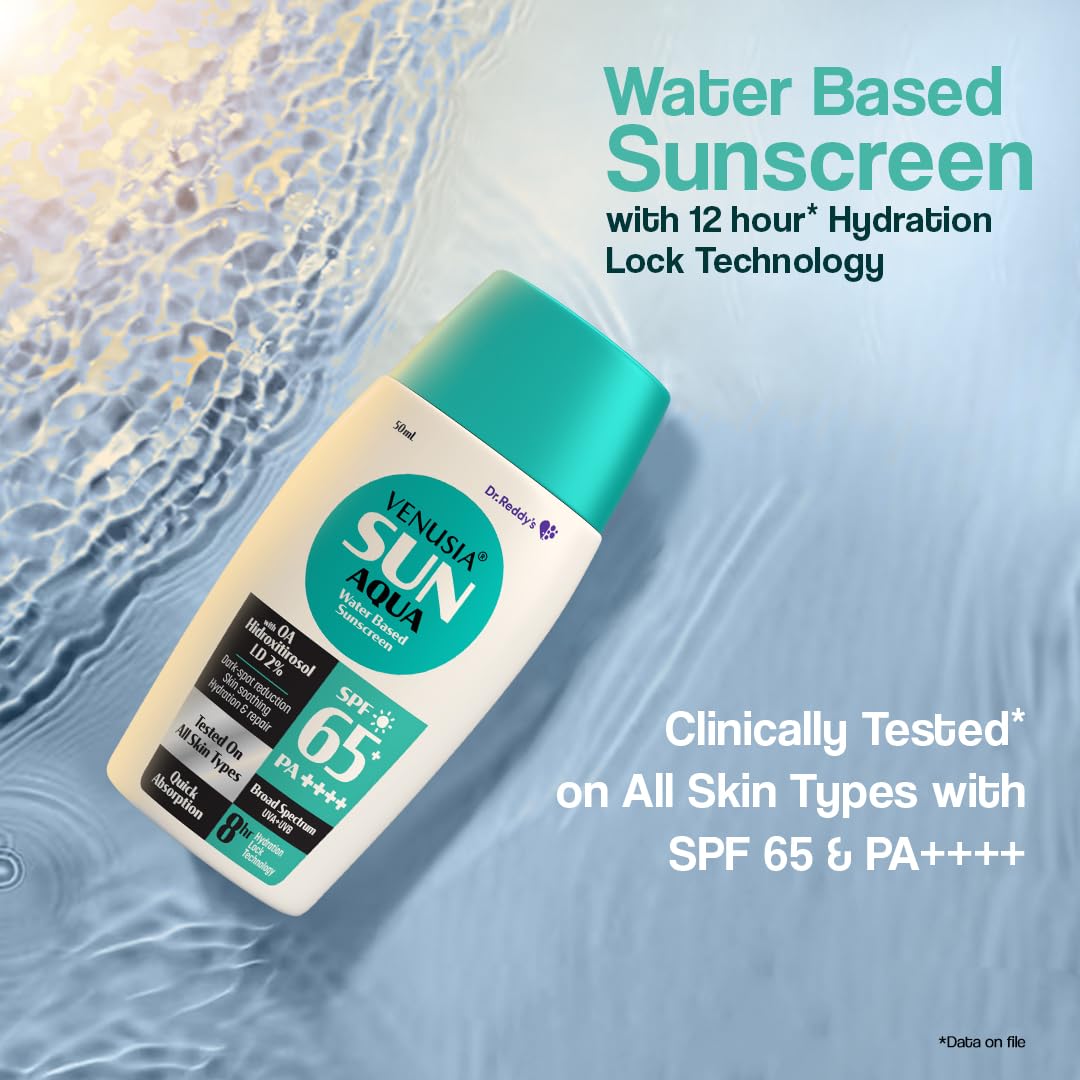 Venusia Sun Water Based Sunscreen SPF 65 : Broad Spectrum Protection : Powered by Antioxidants : Ultra-Light, Non-Sticky and Hydrating : Anti-Pigmentation : For Oily, Acne-Prone Skin : 50g