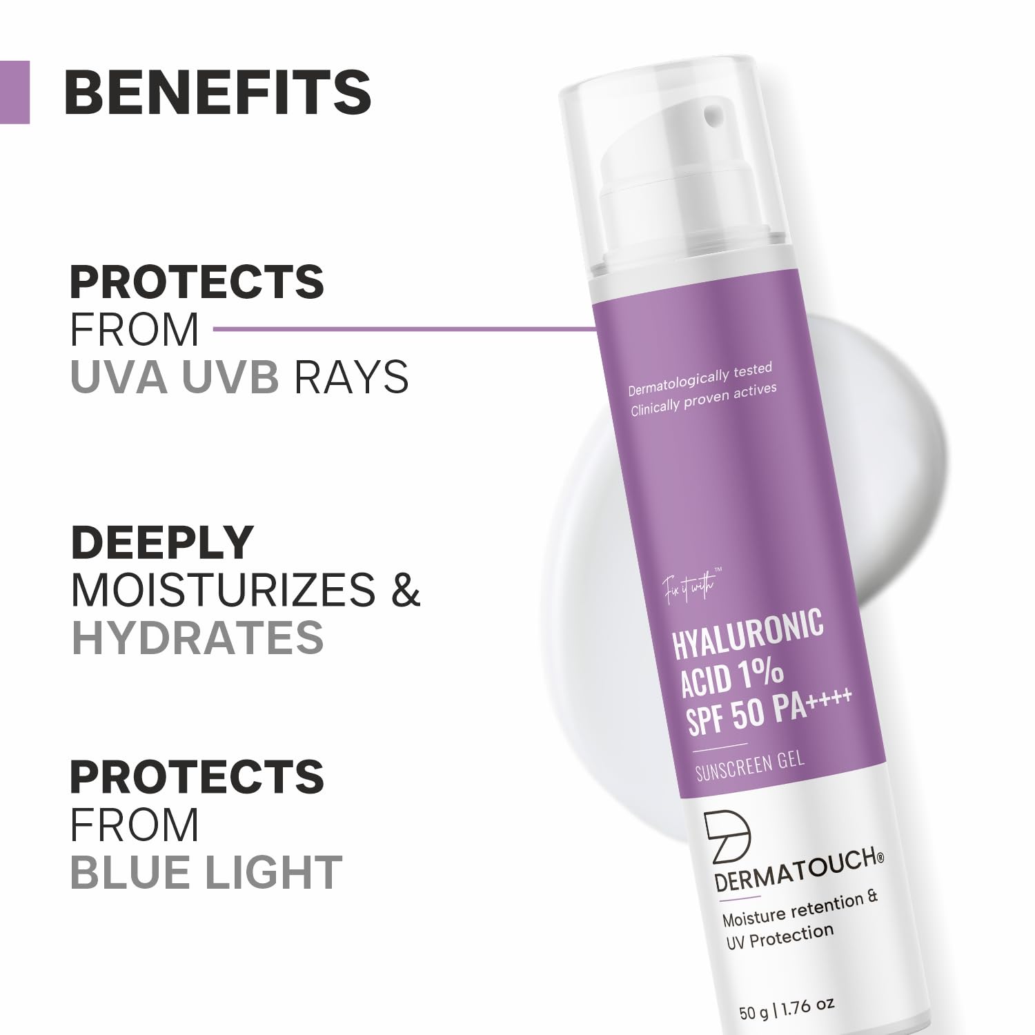 DERMATOUCH HYALURONIC ACID 1% SUNSCREEN | SPF 50 PA++++ | FOR ALL SKIN TYPES | NO WHITE CAST