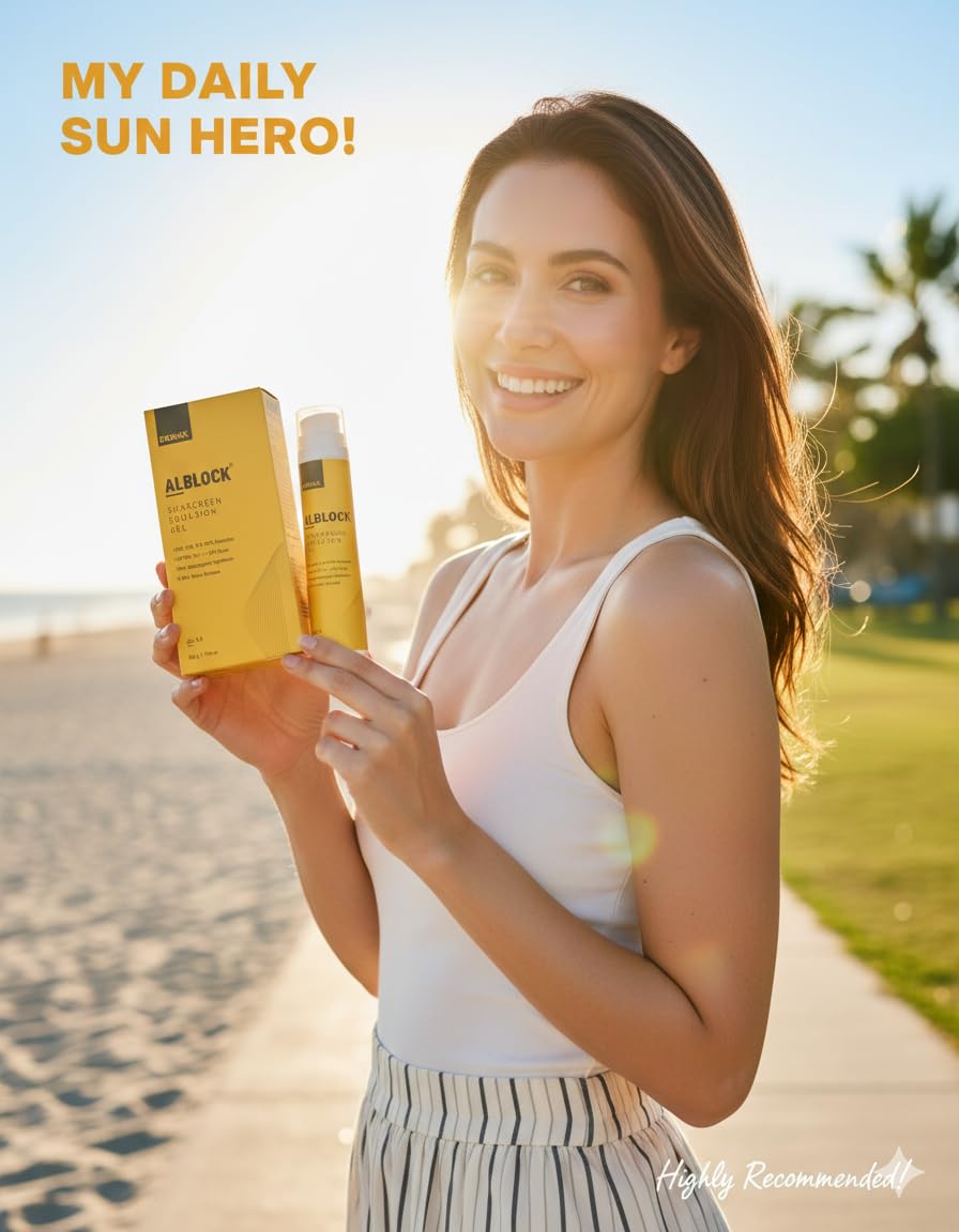 Alblock Sunscreen Emulsion Gel SPF 50 PA+++ | Broad Spectrum UVA, UVB & HEVL Protection | Lightweight, Non-Comedogenic | 8 Hours Water Resistant | pH 5.5 | 50g