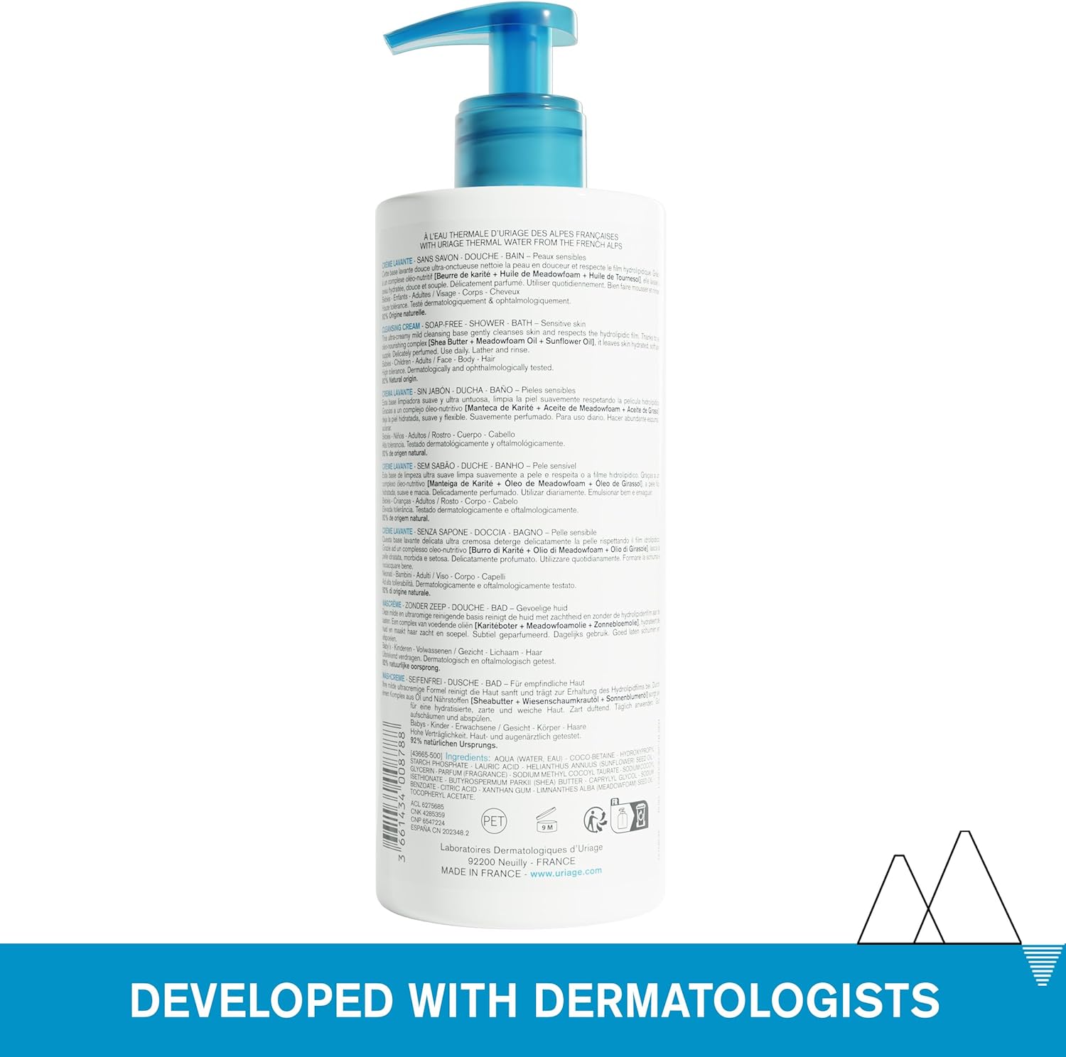 Uriage Cleansing Cream - Moisturizing Body Cleanser with Shea Butter - 2-in-1 Cleansing & Nourishing - Face, Body & Hair - 92% Natural Origin, Paraben & Soap-Free - Physiological pH