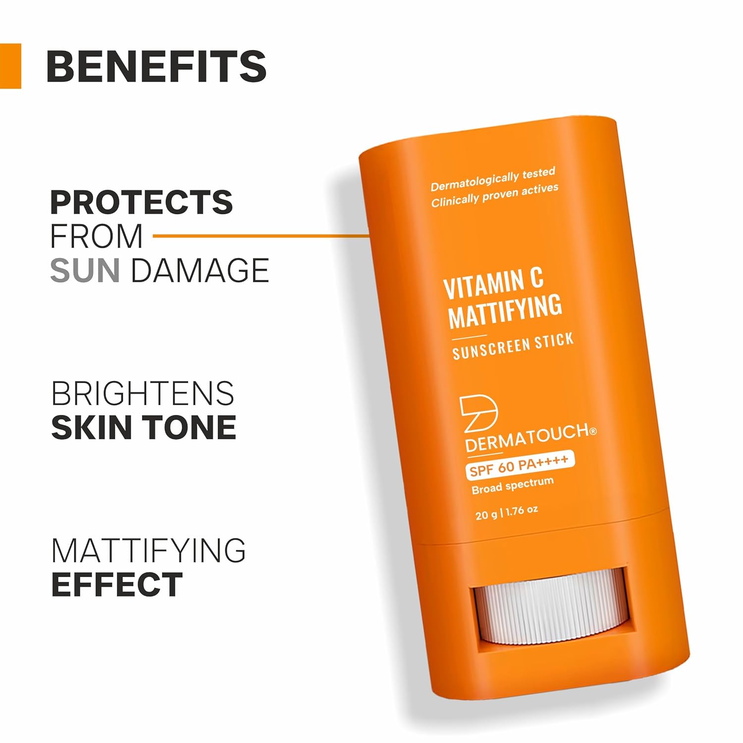 DERMATOUCH Vitamin C Mattifying Sunscreen Stick | SPF 60 PA++++ | For Brightening | Lightweight, No White Cast Sunscreen For All Skin Type | 20g