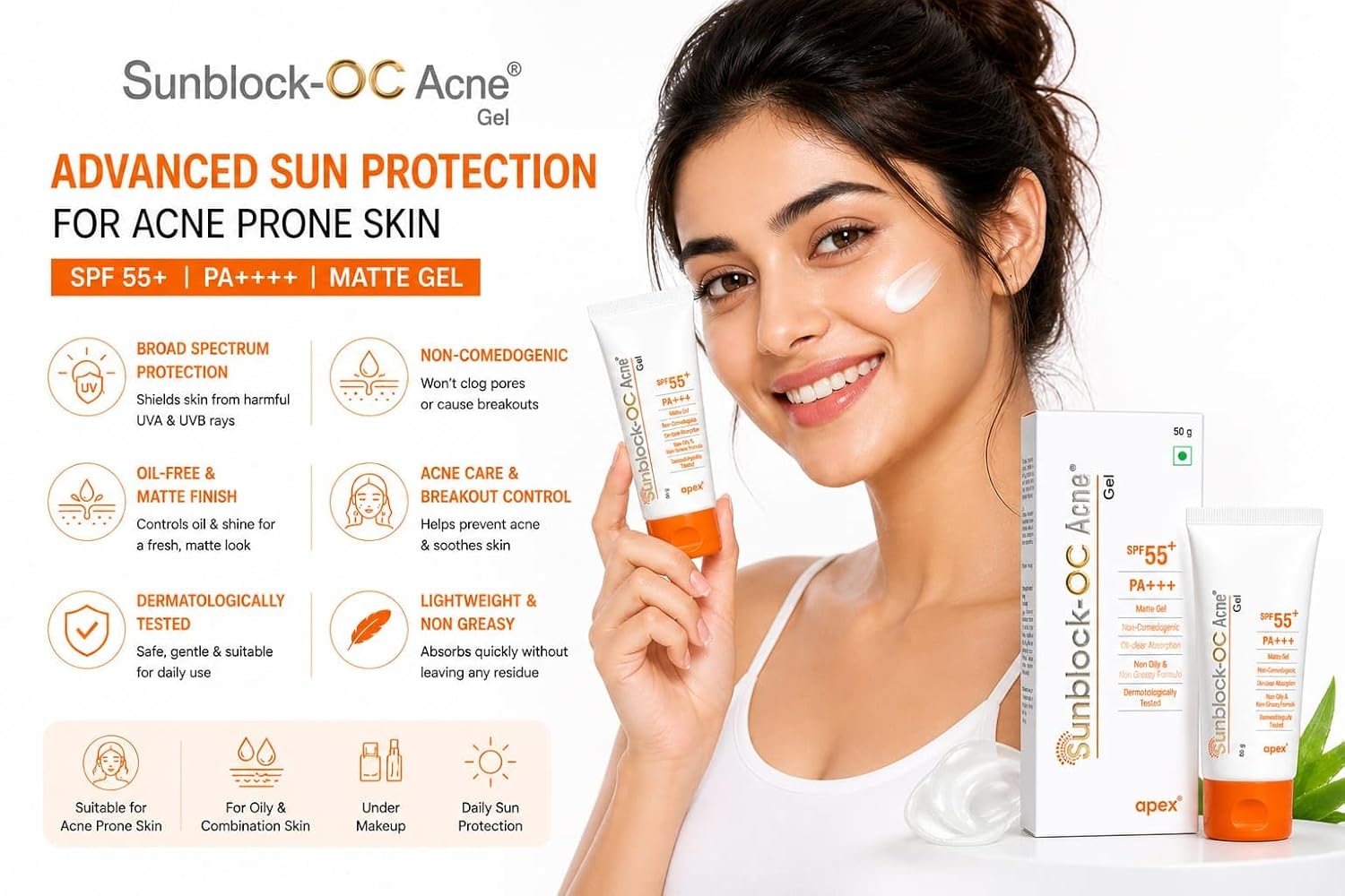 Sunblock OC Acne Gel Oil Control Sunscreen SPF 55 PA+++ | Matte Finish Gel | Lightweight Non-Greasy Formula | Daily Sun Care | 50 g