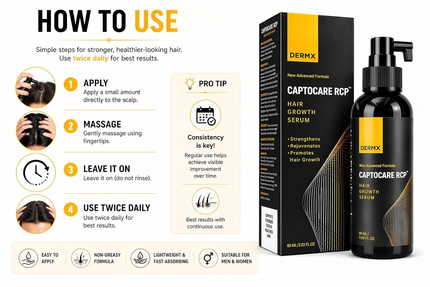 Captocare RCP Hair Growth Serum | With 3% Redensyl, 5% Capixyl, 3% Procapil & 5% Saw Palmetto | Strengthens, Promotes Hair Growth & Stimulates Hair Follicles | For All Hair Types | (60ml)