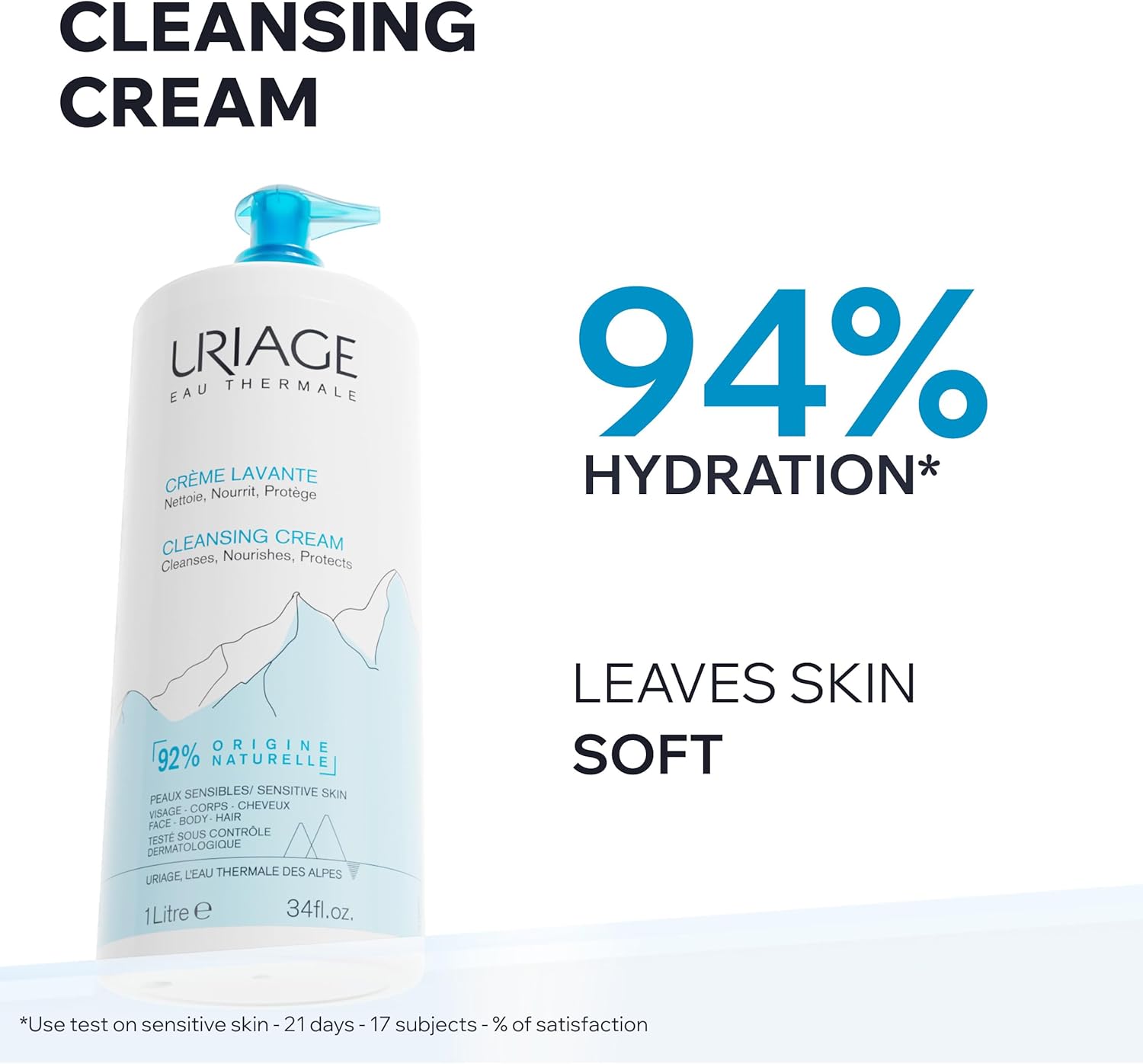 Uriage Cleansing Cream - Moisturizing Body Cleanser with Shea Butter - 2-in-1 Cleansing & Nourishing - Face, Body & Hair - 92% Natural Origin, Paraben & Soap-Free - Physiological pH