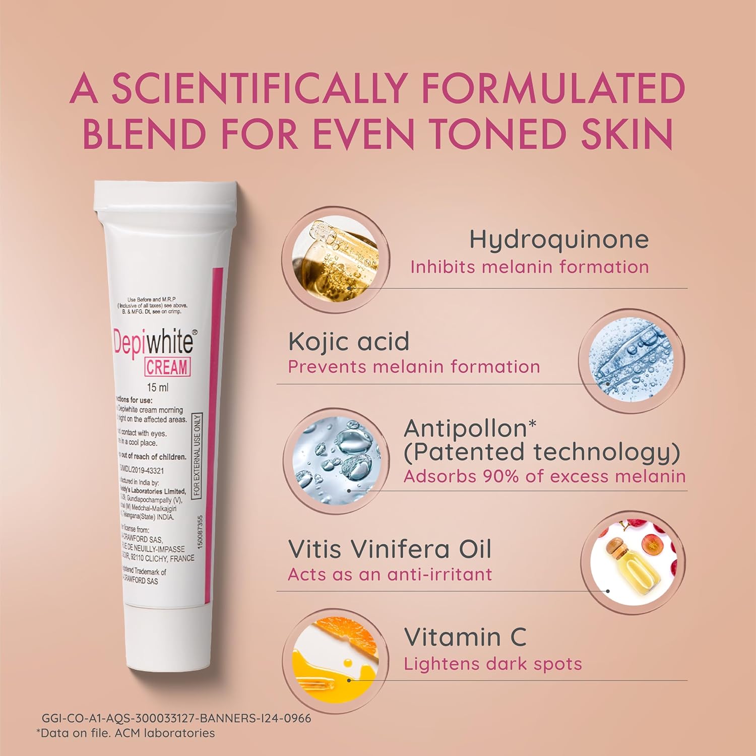 Depiwhite Cream, Enriched with 2% Hydroquinone, 1% Antipollon, 7% Vitis Vinifera Oil & 2% Kojic Acid | No.1 Prescribed Brand By Dermatologists | Men & Women | 15ml