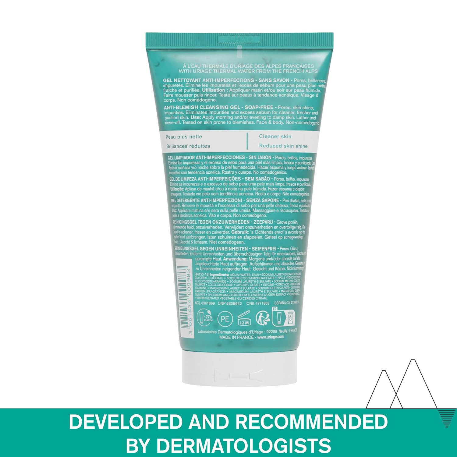 Uriage Hyseac Nettoyant Cleansing Gel Soap Free Face and Back Gentle Cleansing Removes Excess Oil for Oily Acne Prone Skin Soap Free Physiological pH Value 150ml