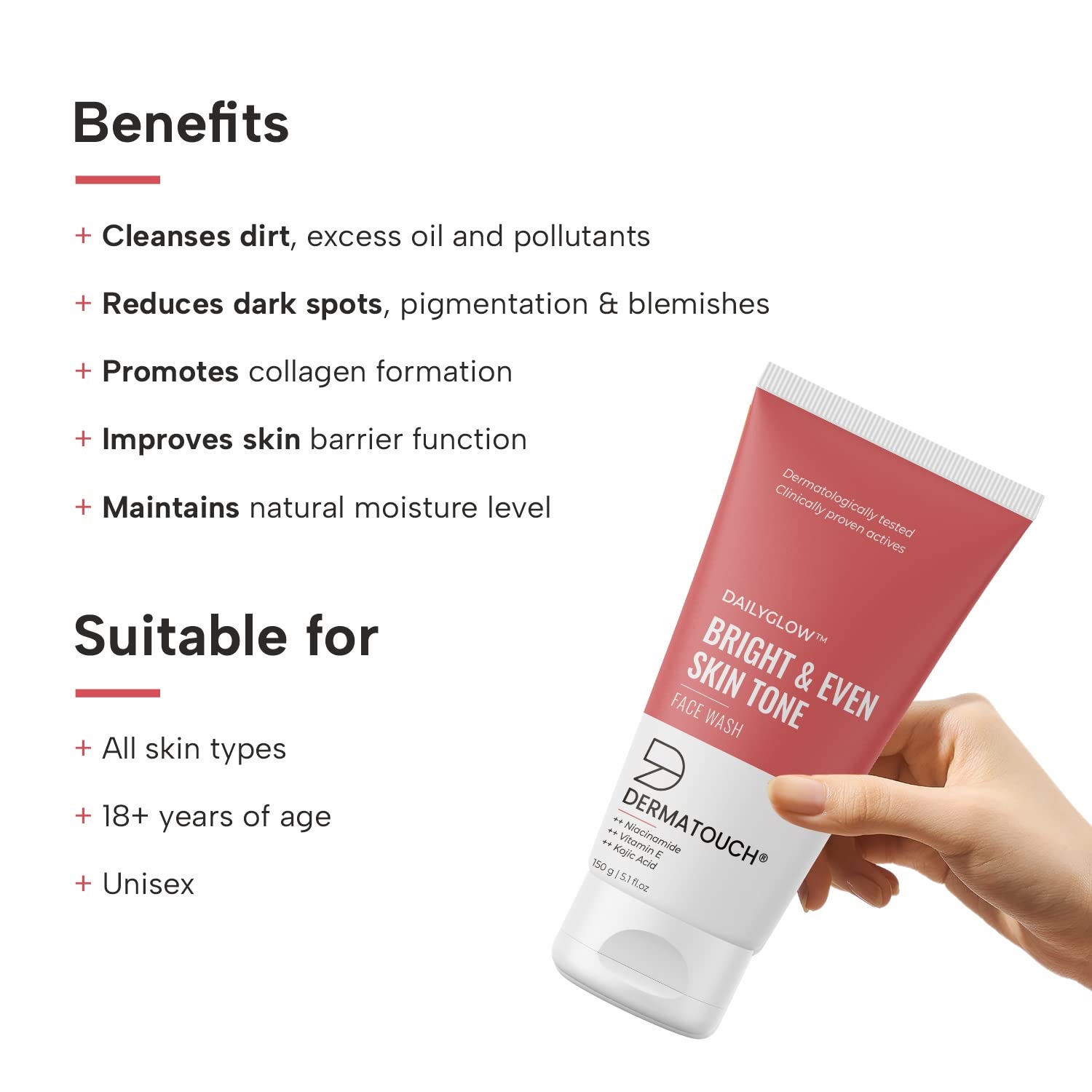 DERMATOUCH Bright & Even Tone Face Wash with Niacinamide, Vitamin E and Kojic Acid | Daily Gentle Face Cleanser For Tan, Pigmentation, Uneven Tone
