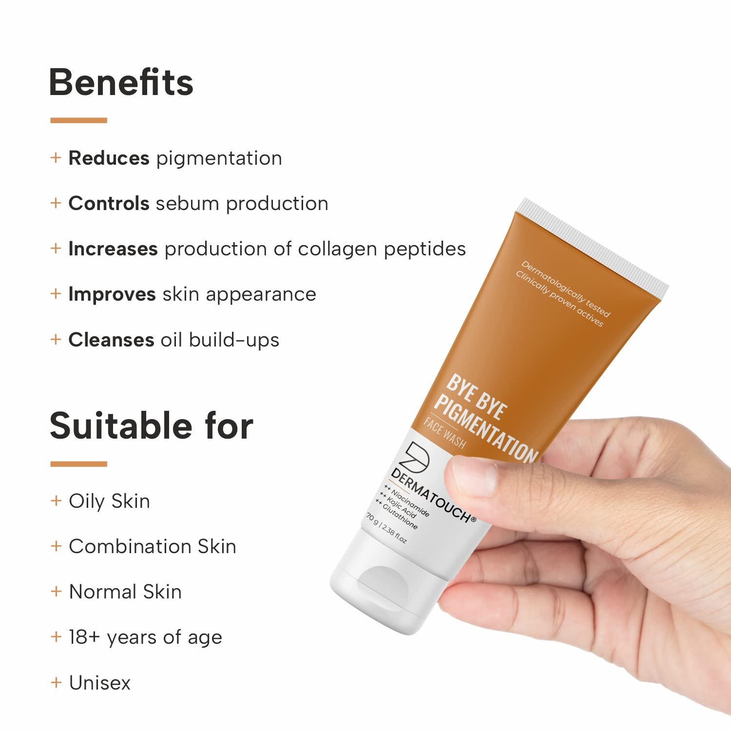 DERMATOUCH Bye Bye Pigmentation Face Wash | Anti Pigmentation for Women/Men with Niacinamide, Kojic Acid, & Glutathione