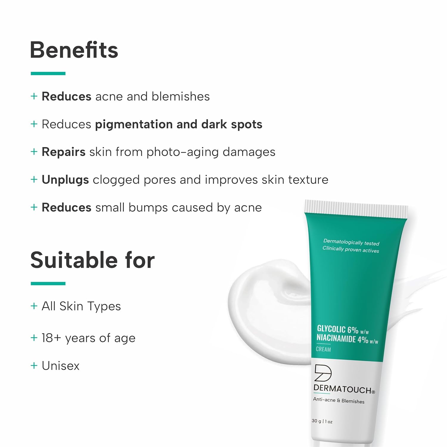 DERMATOUCH Glycolic 6% & Niacinamide 4% Cream |For Anti-acne and Blemishes | For All Skin Types | For Both Men & Women | 30g