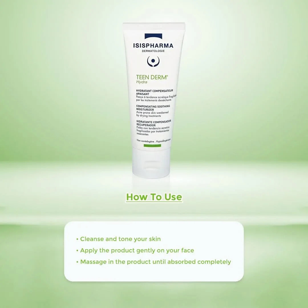 Isispharma Teen Derm Hydra Compensating Soothing Moisturizer Cream | Moisturizer for Acne, Sensitive & Dry Skin |Compensating Soothing Formula for Treatment-Damaged Skin | 40ml
