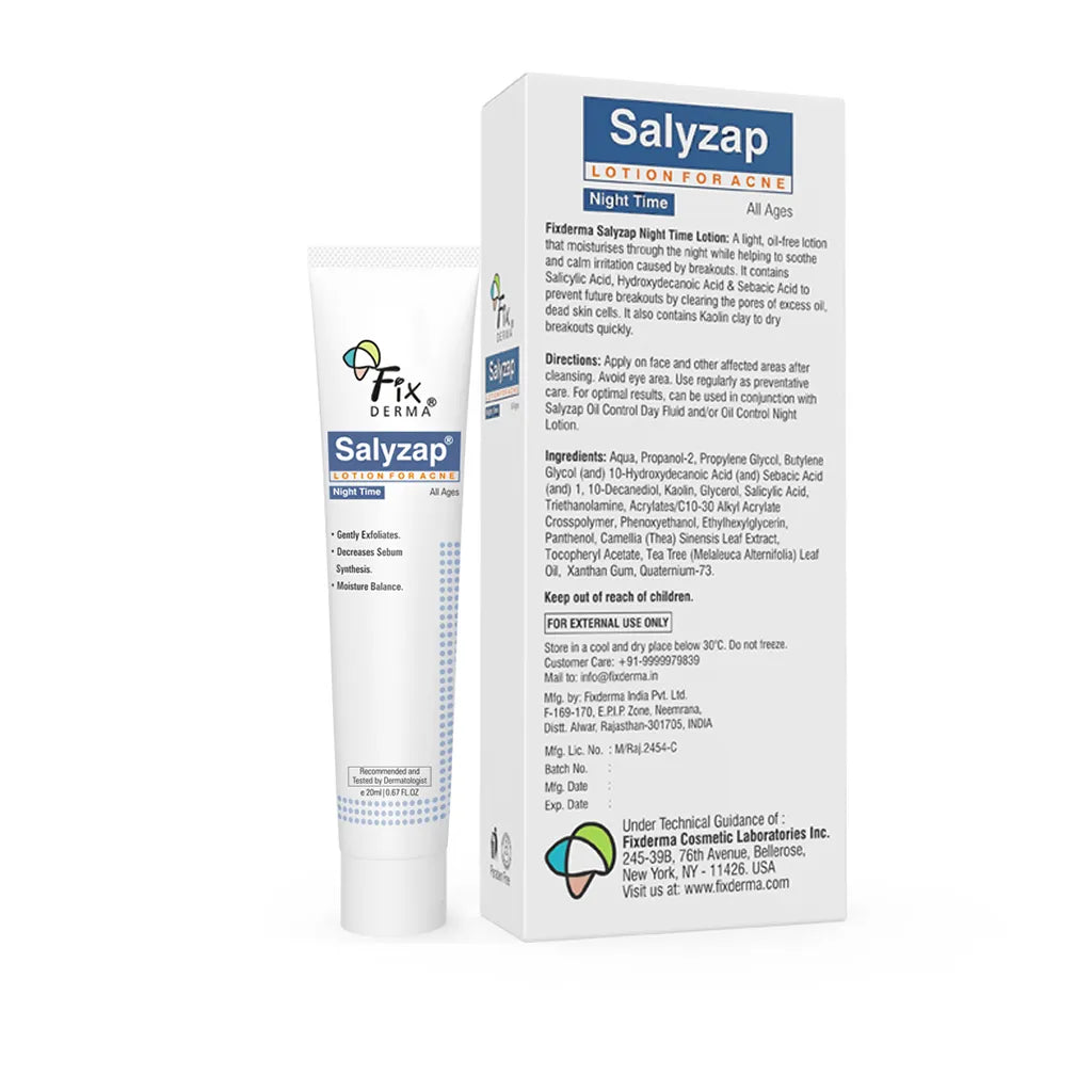 Salyzap Lotion Night time, with Salicylic Acid Helps in Moisture Balance, For acne scars, pimples, Unclogs pores, Exfoliator, Soothes redness, Suitable for Oily and Acne-Prone skin, 20ml