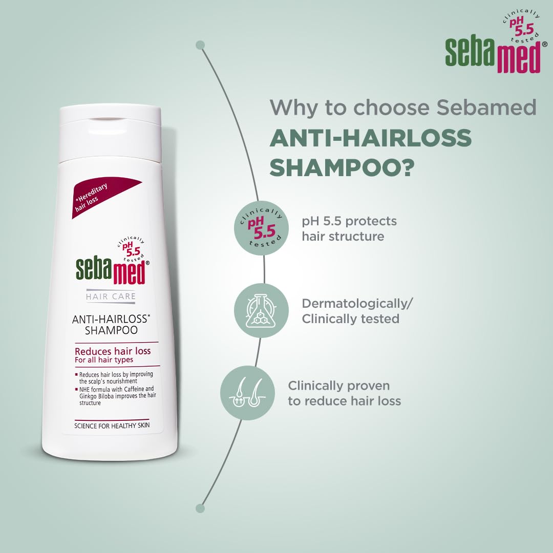 Sebamed Anti Hairloss Shampoo, 200 ml | pH 5.5 | Reduces Hairloss | Caffeine & Gingko Biloba| Hairfall| men & women | Soap free l Toxin free l Clinically proven
