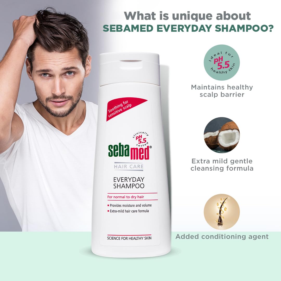 Sebamed Everyday Shampoo 200 ml|pH 5.5|Normal to dry hair| mild|Gives moisture & volume |phthalates & SLS and parabens free |men & women l shampoo for dry scalp Toxin free l Clinically proven l Toxin free