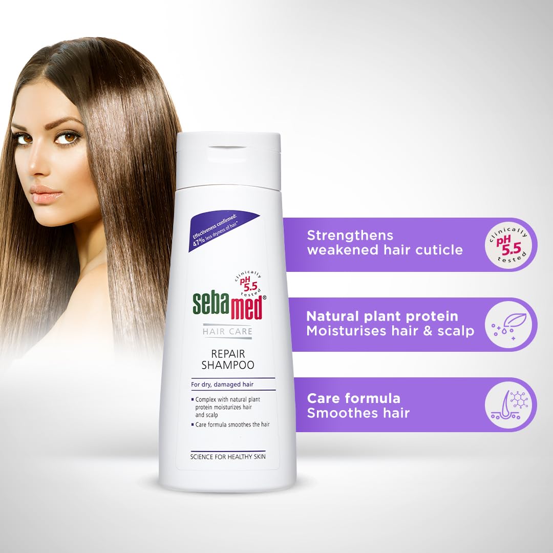 Sebamed Hair Repair Shampoo | pH5.5 I 47% less hair-dryness confirmed | Plant protein moisturises dry, damaged hair & scalp | Dermatologically & clinically tested | SLS & parabens free | 200 ml