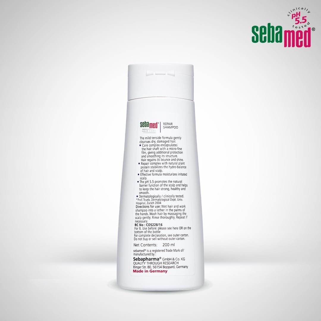 Sebamed Hair Repair Shampoo | pH5.5 I 47% less hair-dryness confirmed | Plant protein moisturises dry, damaged hair & scalp | Dermatologically & clinically tested | SLS & parabens free | 200 ml