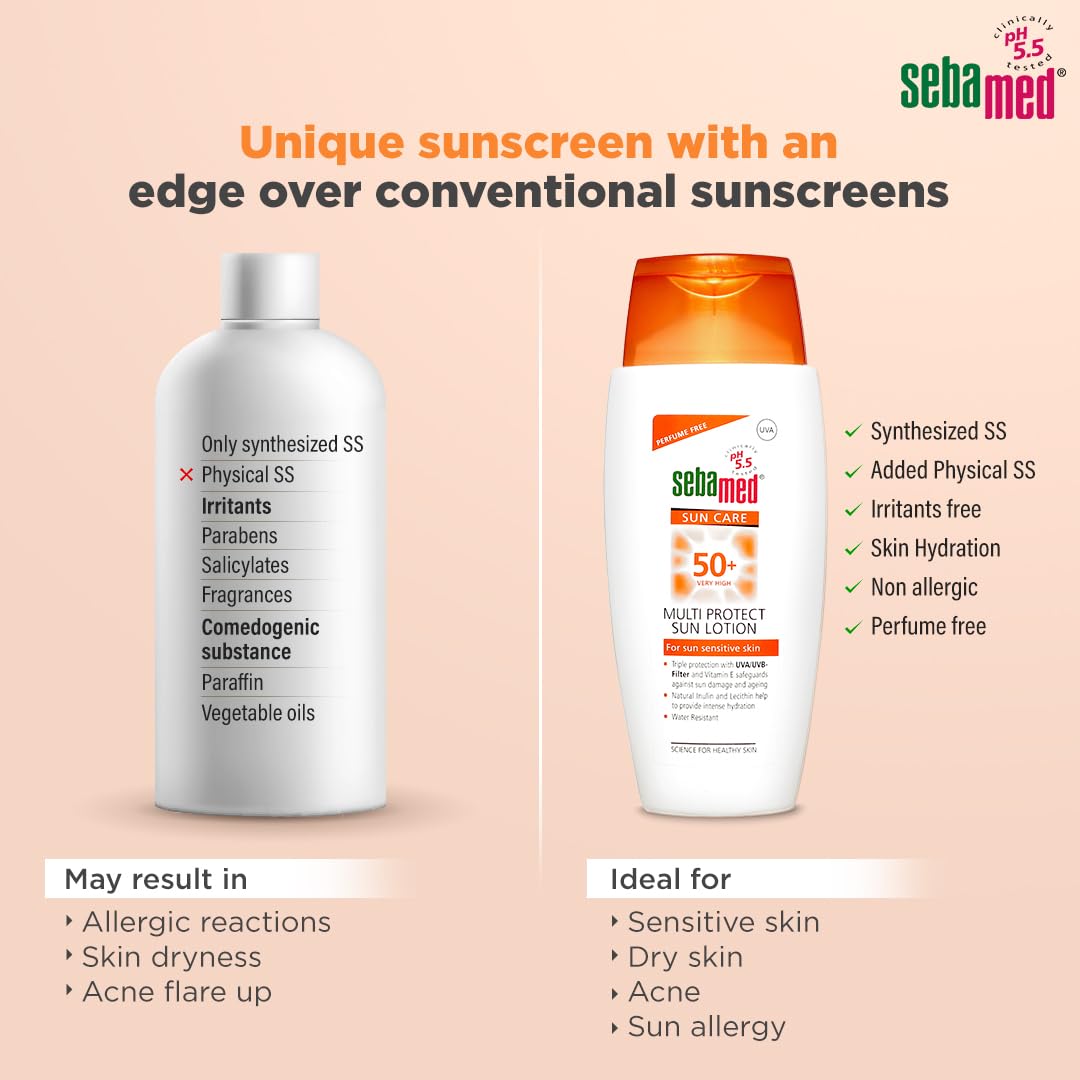 Sebamed Multi Protect Sun lotion SPF 50, 150 ml I UVA/UVB Protection filter I Water resistant sunscreen with pH 5.5 I Vitamin E I men & women I Suitable for children I Clinically tested
