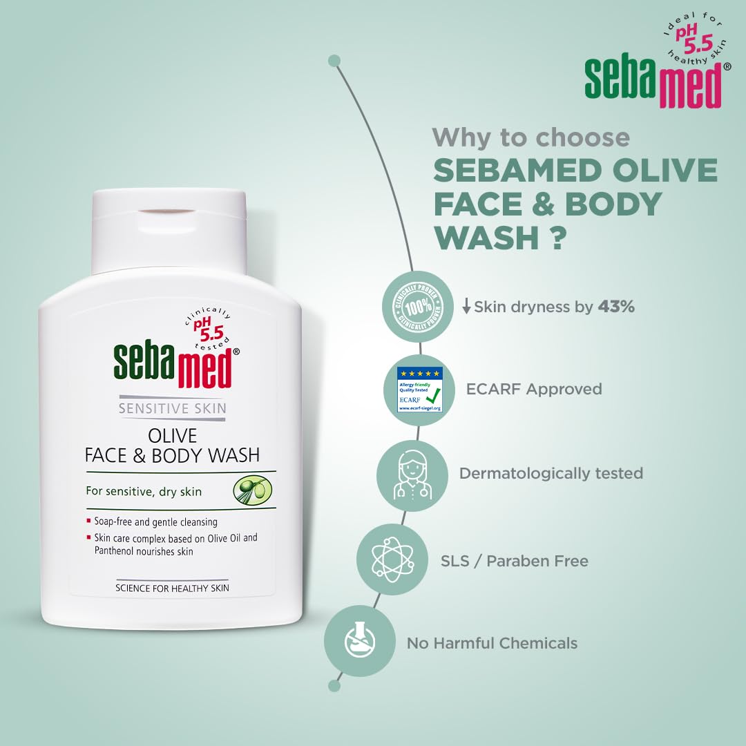 Sebamed Olive Face & Body Wash, Extra Mild For Sensitive, Dry Skin, Ph 5.5, Soap Free, Gentle Cleansing, Olive Oil + Panthenol Nourishes Skin, Dermatologically & Clinically Tested, 200 ml
