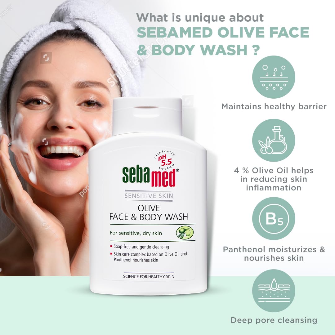 Sebamed Olive Face & Body Wash, Extra Mild For Sensitive, Dry Skin, Ph 5.5, Soap Free, Gentle Cleansing, Olive Oil + Panthenol Nourishes Skin, Dermatologically & Clinically Tested, 200 ml