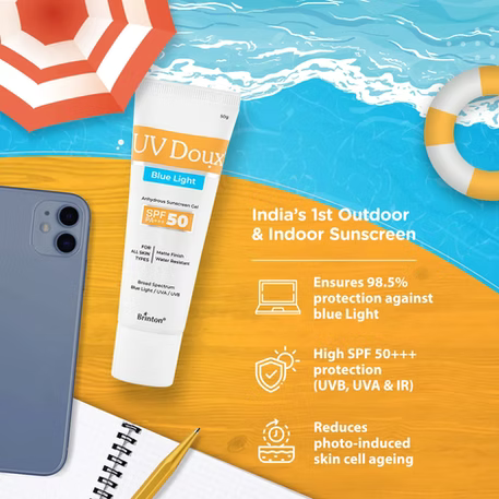 UV Doux Blue Light Tinted Sunscreen Gel SPF 50 PA+++ Broad Spectrum | UVA/UVB Protection | Matte Finish with Sweat & Water Resistant For Men & Women | Dermatologist Approved, 50gm