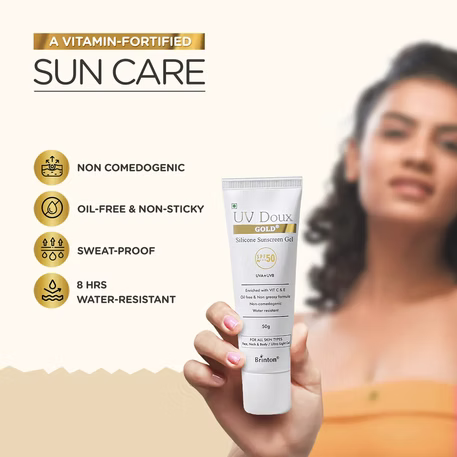 UV Doux Gold Silicone Sunscreen Gel SPF 50 pa+++ UVA/UVB With Broad Spectrum, Water Resistant Best SPF Sunscreen For Adult