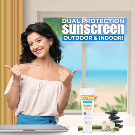 UV Doux Blue Light Tinted Sunscreen Gel SPF 50 PA+++ Broad Spectrum | UVA/UVB Protection | Matte Finish with Sweat & Water Resistant For Men & Women | Dermatologist Approved, 50gm