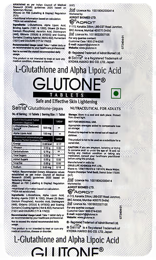 Glutone Tablet| L-Glutathione & Alpha Lipoic Acid | 10 Tablets
